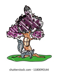grated tree with window and cute skunk wild animal