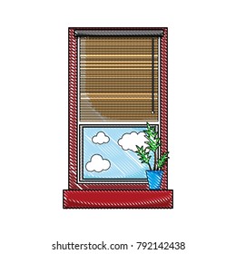 grated window with curtain blind open and plant