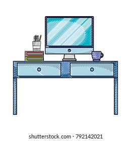 grated wood desk with computer screen and books