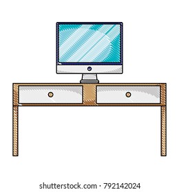 grated wood desk with drawers and computer screen