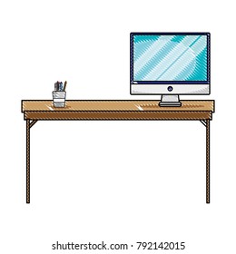 grated wood desk object with computer screen