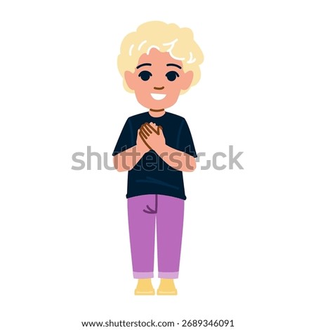 Grateful blond child expressing sincere appreciation and thankfulness, holding hands on chest, smiling warmly, showing heartfelt emotion and positive feeling