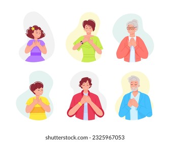 Grateful characters. Cartoon sincere people with thank gesture of hands on chest, thankful young and old man or woman, smile kind kid gratitude vector illustration of character grateful and gratitude