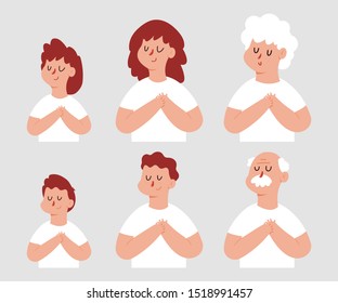 Grateful or dream people with chest hand and closed eyes. Vector cartoon characters set isolated on background.