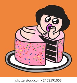 Grateful Face Girl Lying Down In Cake Concept Card Character illustration