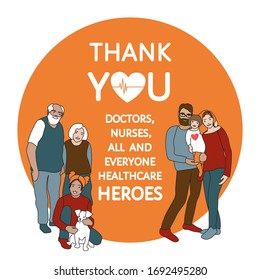 Grateful family of parents, grandparents, kids thanks doctors, nurses, healthcare workers. Appreciation to medical staff, heroes fighting on front line of coronavirus covid-19 pandemic. Vector poster.