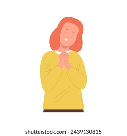 Grateful girl prayer cartoon character smiling and feeling thankful gesturing religious palm