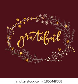 Grateful Hand Lettering Sign Fall Winter Floral and Branch Wreath, Yellow Grateful Sign Wreath on Wine Red Background Print