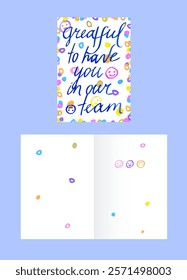 Grateful to have you on our team! Happy Work Anniversary Greeting Card to be sent to employees, students, schoolchildren or kids. Design and inscription made by colorful markers in naïve childish styl