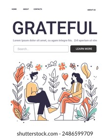 Grateful Mental Health Concept people talking surrounded by flowers and leaves colorful design elements website design banner