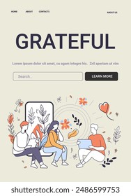 Grateful Mental Health Concept people sitting together discussing emotional well-being surrounded by floral elements and hearts website design template