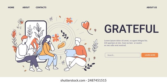 Grateful Mental Health Concept people sitting with devices surrounded by flowers and leaves in a calming environment website design