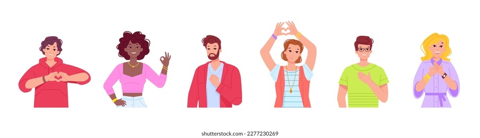 Grateful people. Cartoon characters gratitude gesture, sincere person happy consumers thanks gestures language, hand at chest honesty human feeling faith love vector illustration of character grateful