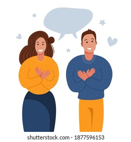 Grateful people saying thank you. Man and woman keeping hands on chest, expressing gratitude, being thankful for help and support. Flat vector illustration.