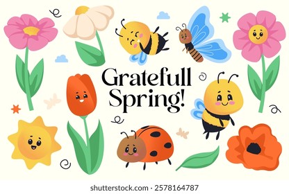 Grateful spring composition with cute colored doodle insects and flowers bloom happy cute characters set. Honey bee, ladybug, butterfly, sun, tulip, daisy smiling kawaii mascot vector illustration