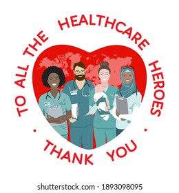 Grateful Thank You sign with doctors, nurses, midwifes, all healthcare workers in heart, at world map. Appreciation to medical staff, heroes fighting on front line of  covid-19 pandemic, vector banner