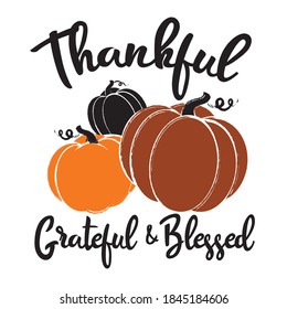 Grateful thankful blessed vector illustration with pumpkin. Thanksgiving design with orange colors. Typography lettering element for greeting banner, invitation, print