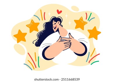 Mujer agradecida da da calificación de 4 estrellas por excelente servicio y pone las manos en el pecho como señal de gratitud. Amable chica muestra calificación positiva y gracias por los servicios de calidad prestados