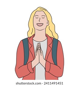 Grateful woman praying to God. Hand drawn vector illustration