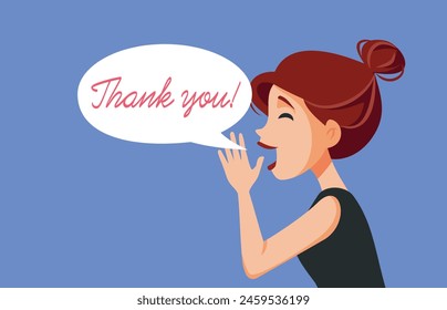 
Grateful Woman Screaming Thank You Vector Cartoon Illustration. Thankful girl giving a sincere and polite response 
