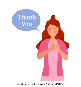 Grateful young woman showing her heartfelt gratitude and thank you with smiling face in flat design on white background.