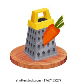 Grater with Carrot on Wooden Cutting Board Vector Illustration