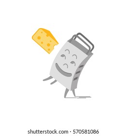 Grater and cheese to grate. Kitchenware cooking utensil illustration. Freehand drawn cartoon cute style. Kitchen tool symbol for grating product. Design vector element of home food preparation process