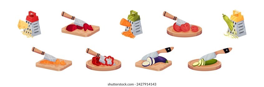 Grater and Chopping Board with Vegetables and Cheese as Kitchen Utensil for Cooking Vector Set