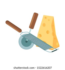 grater and cutter with piece of cheese over white background, vector illustration