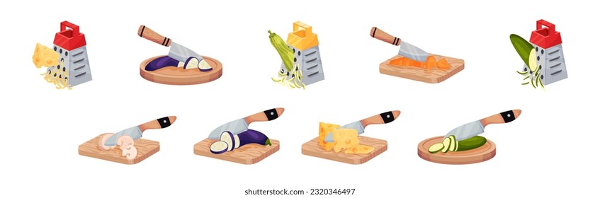 Grater and Cutting Board with Knife Chopping Vegetable Vector Set