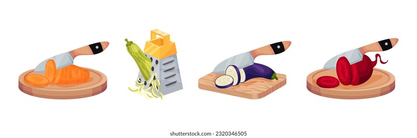 Grater and Cutting Board with Knife Chopping Vegetable Vector Set