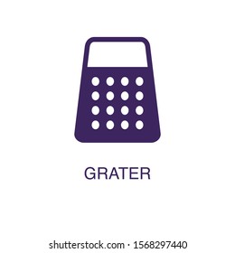 Grater element in flat simple style on white background. Grater icon, with text name concept template