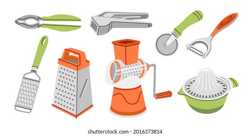 Grater, garlic press, pizza knife, peeler, juicer, squeezer, vegetable cutter and nut cracker. Set of manual kitchen tools, kitchenware appliance, equipment. Hand-drawn vector illustrations.