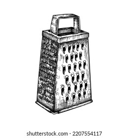 Grater hand-drawn illustration. Food preparation design elements. Vector sketches. Kitchenware in engraved style. Kitchen stuff drawings for menu,  banners, and packaging design.