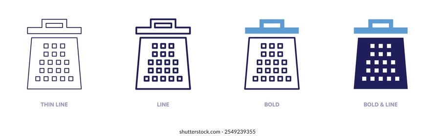 Grater icon in 4 different styles. Thin Line, Line, Bold, and Bold Line. Duotone style. Editable stroke.