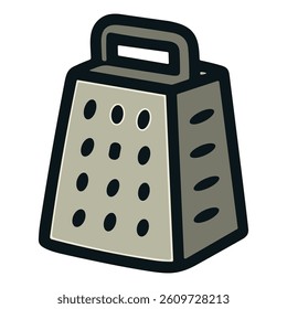Grater icon, cartoon style, metal surface, handle on top, holes.