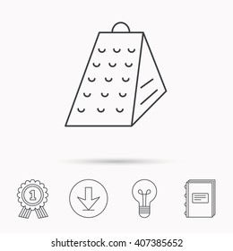Grater icon. Kitchen tool sign. Kitchenware slicer symbol. Download arrow, lamp, learn book and award medal icons.