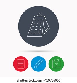 Grater icon. Kitchen tool sign. Kitchenware slicer symbol. Calendar, pencil or edit and document file signs. Vector