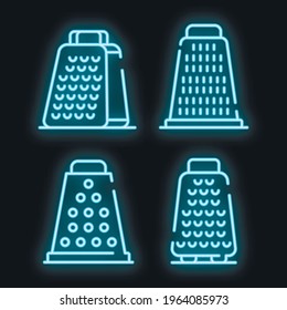 Grater icons set. Outline set of grater vector icons neon color on black