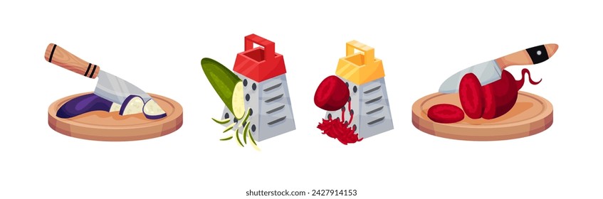 Grater and Knife with Chopping Board with Vegetables as Kitchen Utensil for Cooking Vector Set