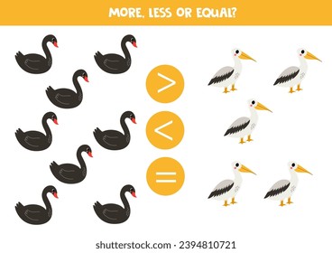 Grater, less or equal with cartoon black swan and pelican.