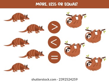 Grater, less or equal with cartoon cute sloth and armadillo.
