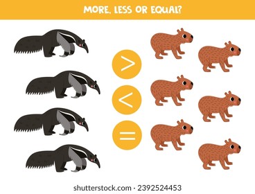 Grater, less or equal with cartoon giant anteater and capybara.
