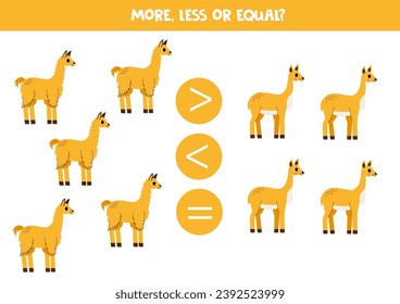 Grater, less or equal with cartoon llama and vicuna.