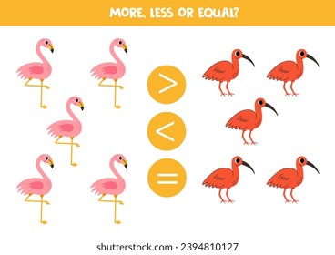 Grater, less or equal with cartoon pink flamingo and scarlet ibis.