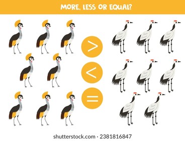 Grater, less or equal with cute cartoon cranes.
