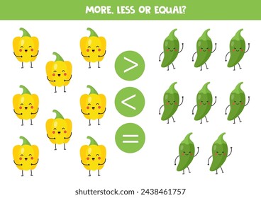 Grater, less or equal with cute cartoon kawaii jalapeno pepper and bell pepper.