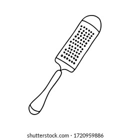 Grater with a long handle in the style of Doodle.Black and white image.Monochrome image.Kitchen utensils.Items for cooking.Vector illustration
