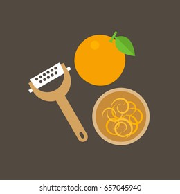 Grater And orange zest in bowl, flat design icon