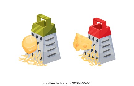 Grater or Shredder Grating Vegetable into Fine Pieces Vector Set